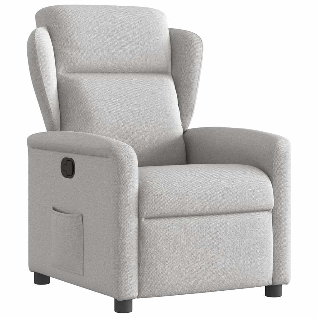 Fotel relaksacyjny w kolorze szarego materiału z regulowanym oparciem i podnóżkiem, stabilna rama drewniano-metalowa, ergonomiczna tapicerka do salonu, biura, czytania i relaksu