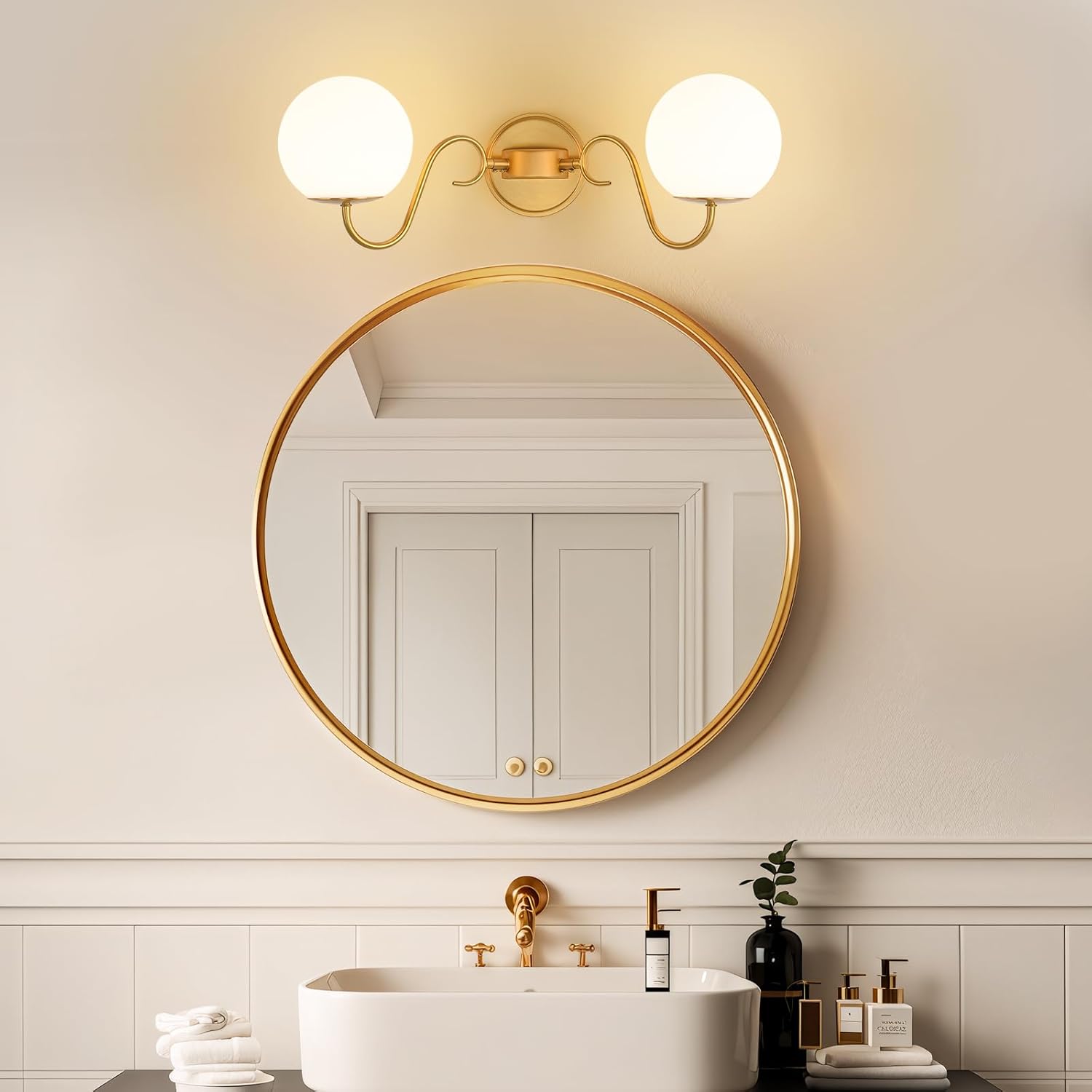 2 Lights Bathroom Vanity Light Fixtures Over Mirror, Brushed Gold Vintage Vanity Lights For Bathroom With Milk White Glass Globe Shade, Wall Lights For Bedroom, Hallway, Dressing Table,Includ G9 Bulbs