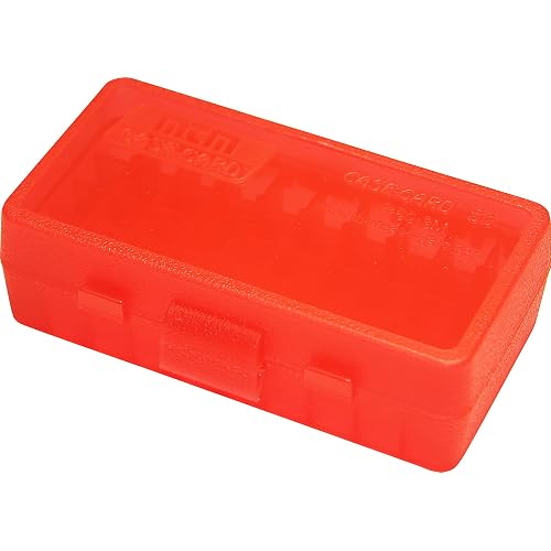 MTM P50-9M-29 Ammo Box 50 Round Flip-Top | Fits 380 ACP & 9MM Cal | Made of Polypropylene | Stackable, Snap Lock Latch | USA Made | Clear Red