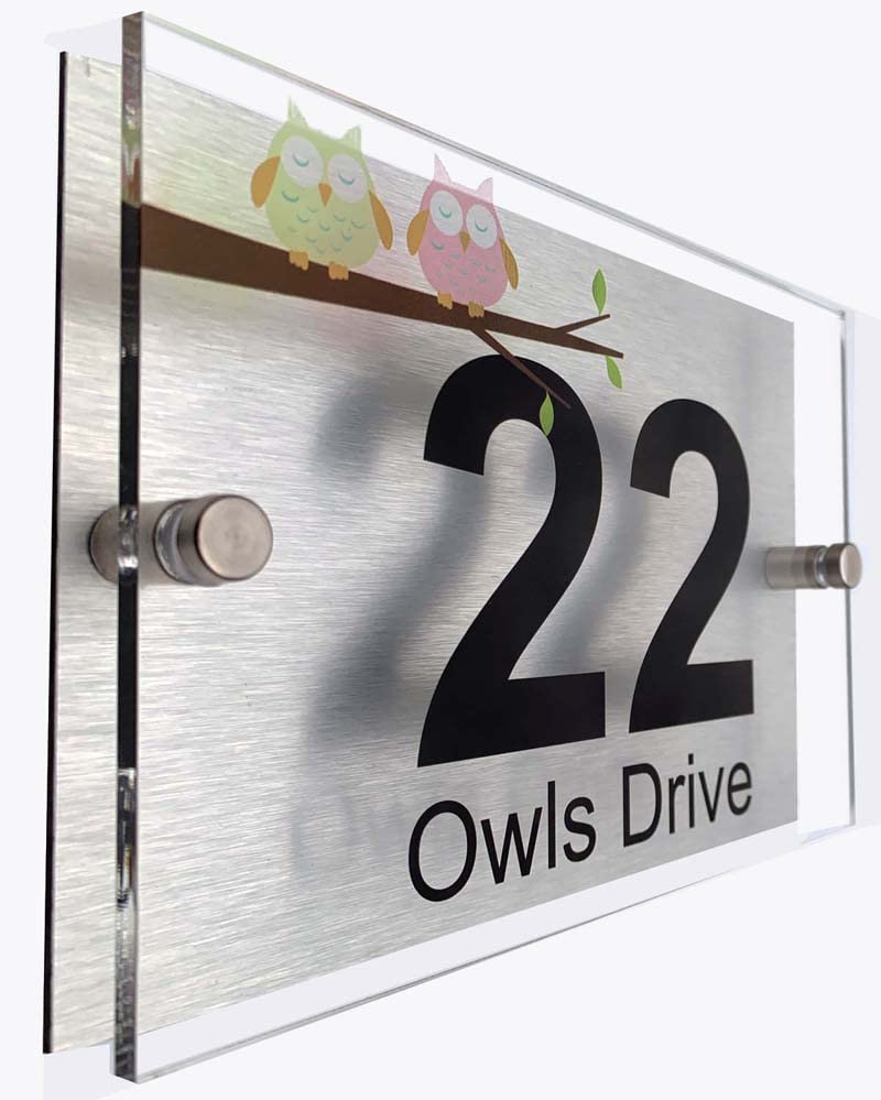 Personalised Designer House Number Plaques | 2 part Acrylic Plaque (owls)