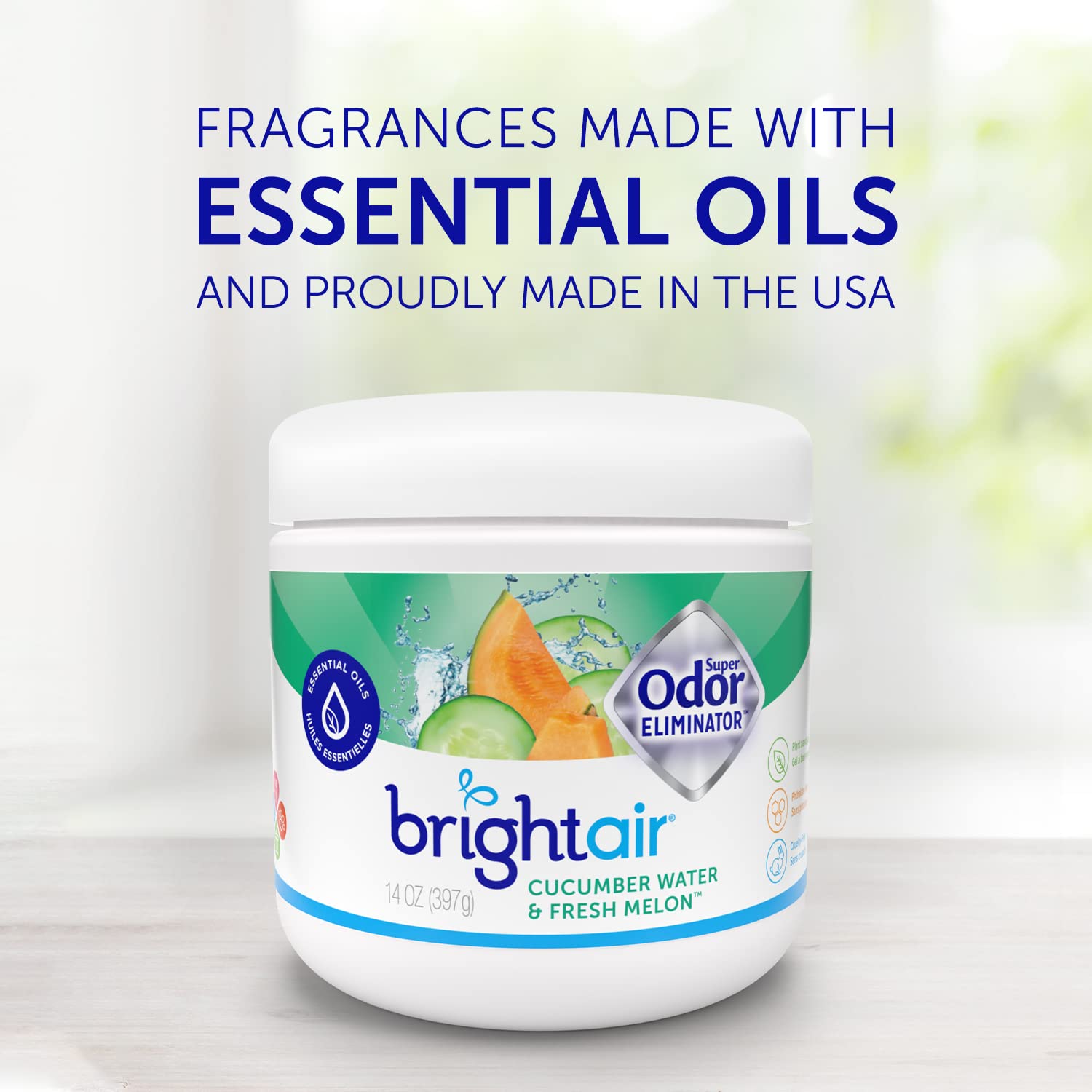 Bright Air Supereliminador de olores de 14 onzas, para espacios medianos, agua de pepino y aroma fresco de melón, caja de 6, eliminador de olores y ambientador, aceites esenciales naturales, dura