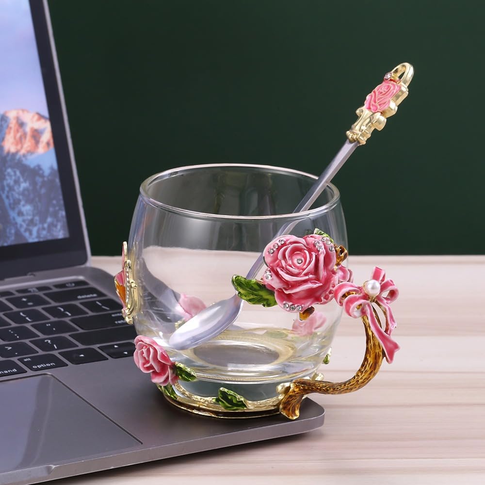 Fancy Tea Cups Glass Coffee Mugs,Glass Cups with Spoon Set,Send Coaster Cleaning Cloth?Mother's Day Gifts Rose Flower Enamel Design Birthday Wedding Gift(Short,Pink)