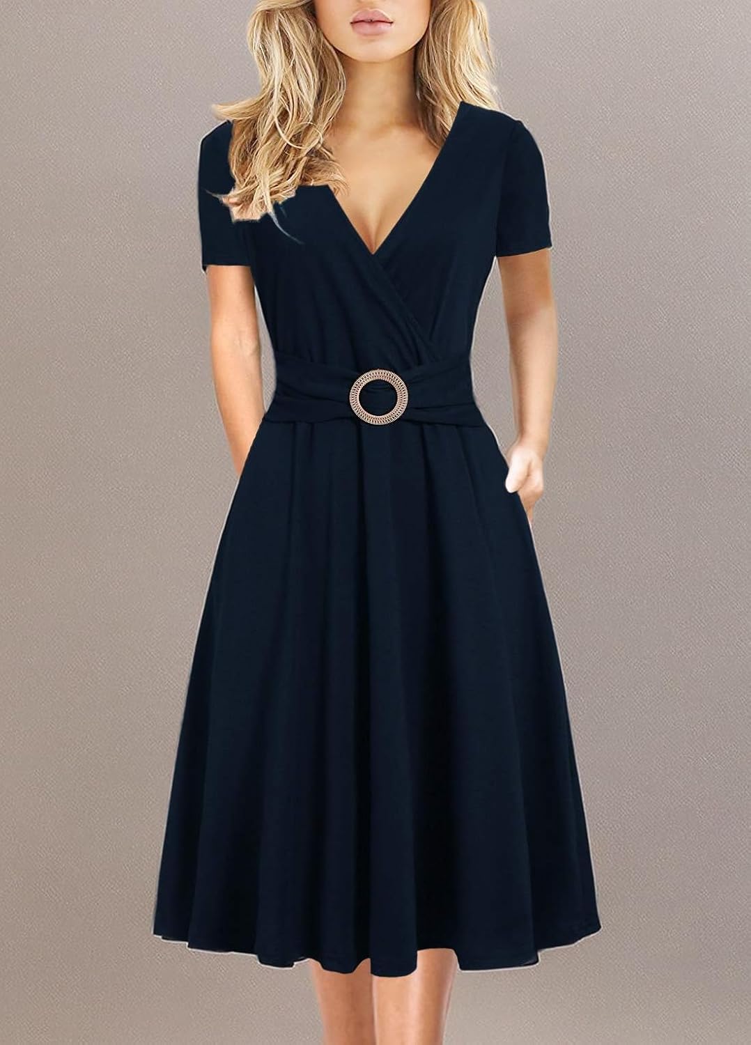 Women's Elegant Criss-Cross V Neck Vintage Short Sleeve Work Casual Fit and Flare Tea Dress with Pockets 980 - Image 7