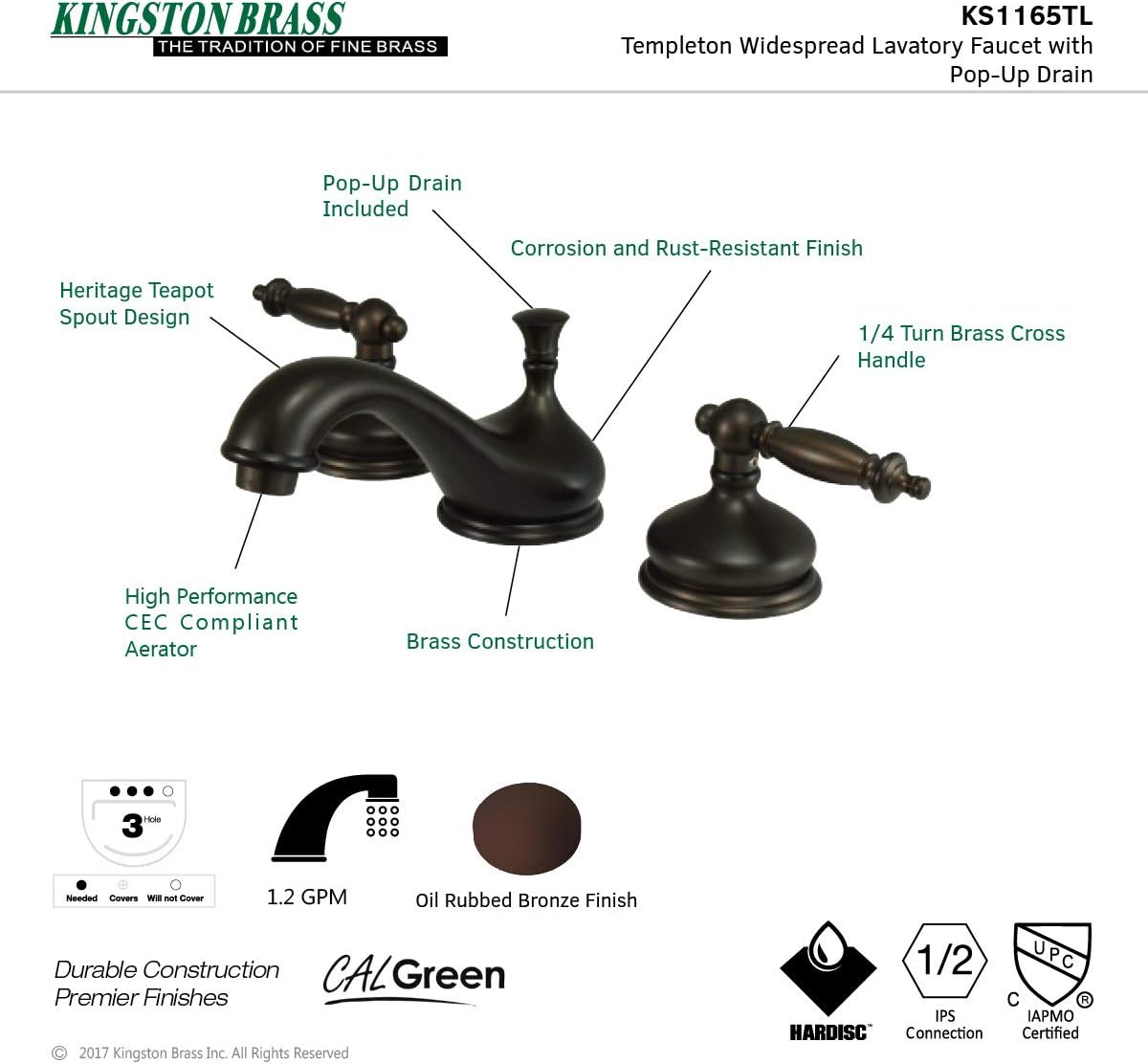 Kingston Brass KS1165TL Templeton Widespread Lavatory Faucet, Oil Rubbed Bronze