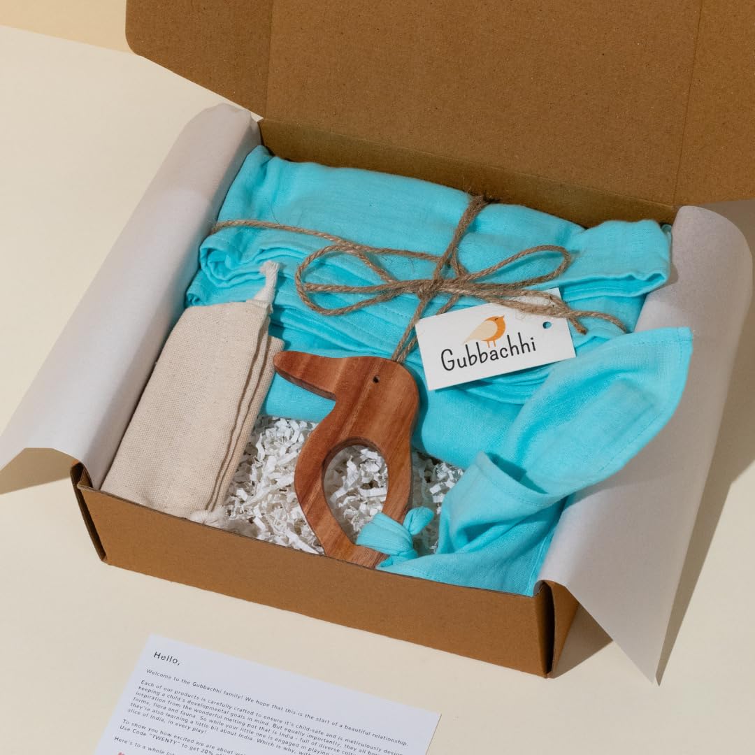 Gubbachhi Kilkila with Blue Swaddle Gift Set | Neem Wood Teether and Muslin Swaddle Combo | Newborn Gift idea | Gifting for Infants/Babies | Toy for Gifting | Handmade in India | Age (3 Months +)-picture-10