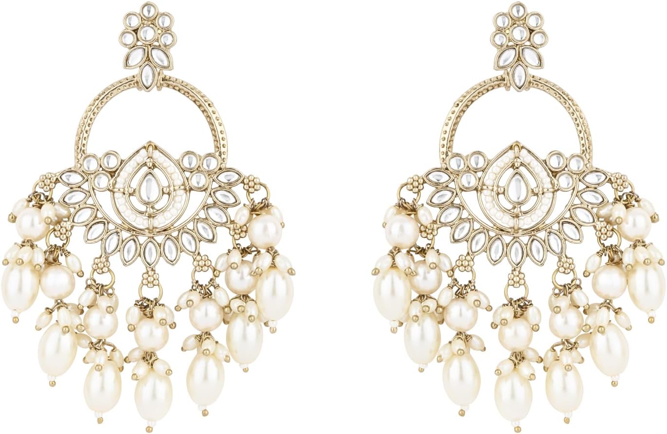 I Jewels Gold Plated Indian Wedding Bollywood Handcrafted Kundan Pearl Chandbali Dangle Earrings for Women