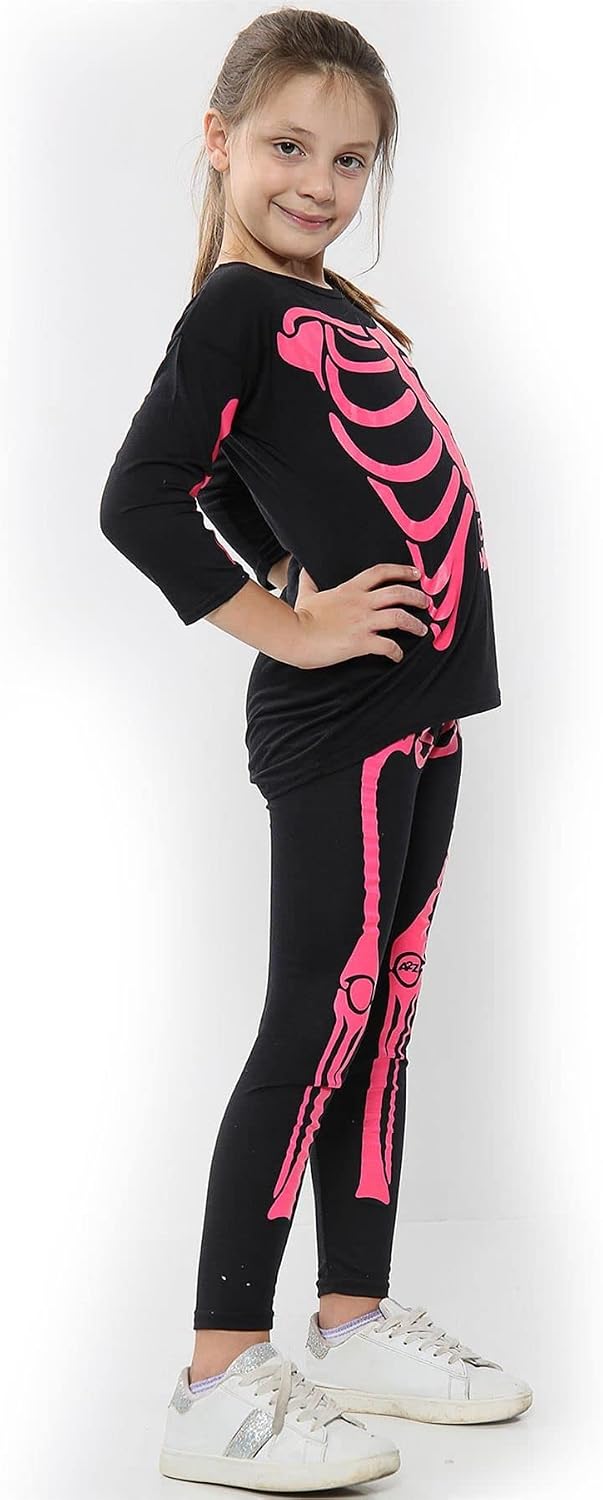 A2Z 4 Kids Girls Skeleton Set Halloween Costume with Printed T Shirt Top Leggings Scary Fancy Dress Outfit for Parties