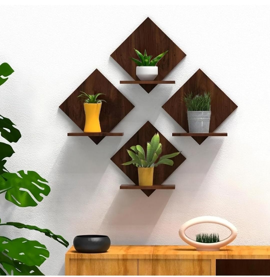 KRISAA Engineered Wood Wall Mount Floating Shelves, Diamond Shape, Brown, Set of 4, Planter Stand Display Rack Storage Organizer for Living Room Kitchen Bedroom-image-15