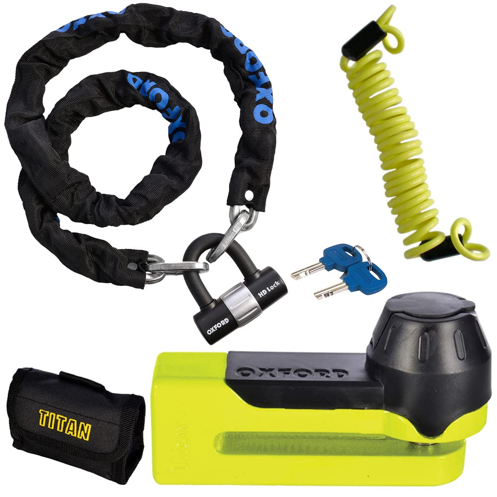 Oxford SecurityProducts OF159 1.5m Heavy Duty Chain Lock + OF51 Titan Bicycle Motorbike Motorcycle Disc and Pouch Yellow FREE Reminder