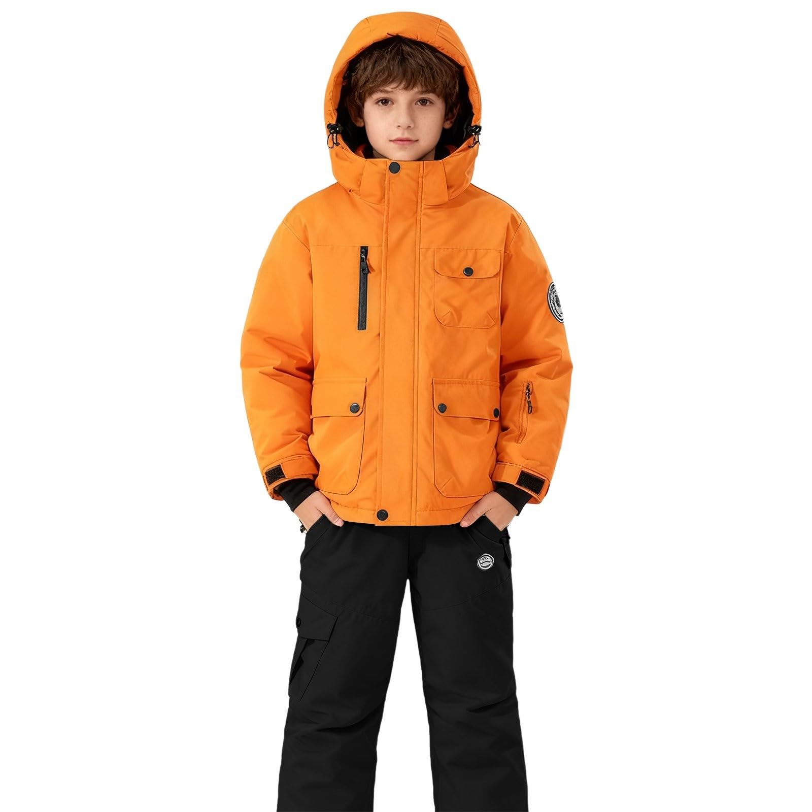 Generisch Traje de esquí para niños, traje de nieve monocolor, chaqueta de plumón con capucha + pantalones de esquí, juego de ropa de invierno de 2 piezas, traje de invierno grueso, resistente al