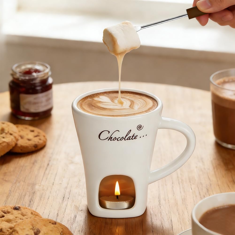 Vicloon Tazza per Fonduta in Ceramica 130 ml con Forchette, Crogiolo Scalda-Burro per Cioccolato