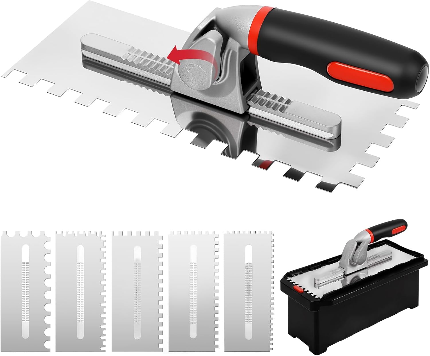 Switchable Tile Trowel Set – 6 Interchangeable Notched Blades with Quick-Lock Handle, Stainless Steel Trowel Kit for Mortar, Thinset & Tile Installation