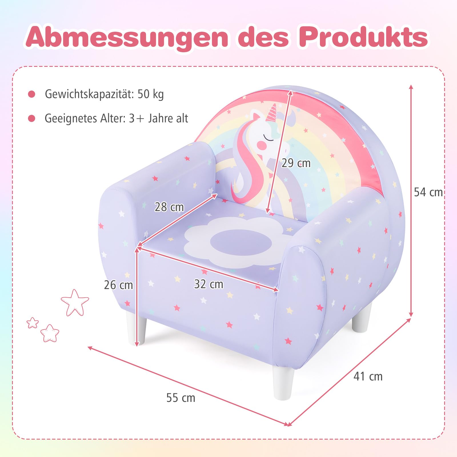 DREAMADE Kindersofa mit schönem Einhornmuster, Kindersessel mit ergonomischer Rückenlehne & Armlehnen, atmungsaktives Kindercouch für Spielzimmer & Kinderzimmer, für Kinder ab 3 Jahren (Lila)