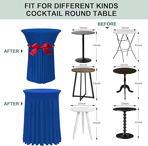 Miniatura 3 de Fundas para mesa de cóctel, paquete de 2 manteles de 32 x 43 pulgadas, color azul rey con falda de mesa redonda ondulada natural, mesa alta