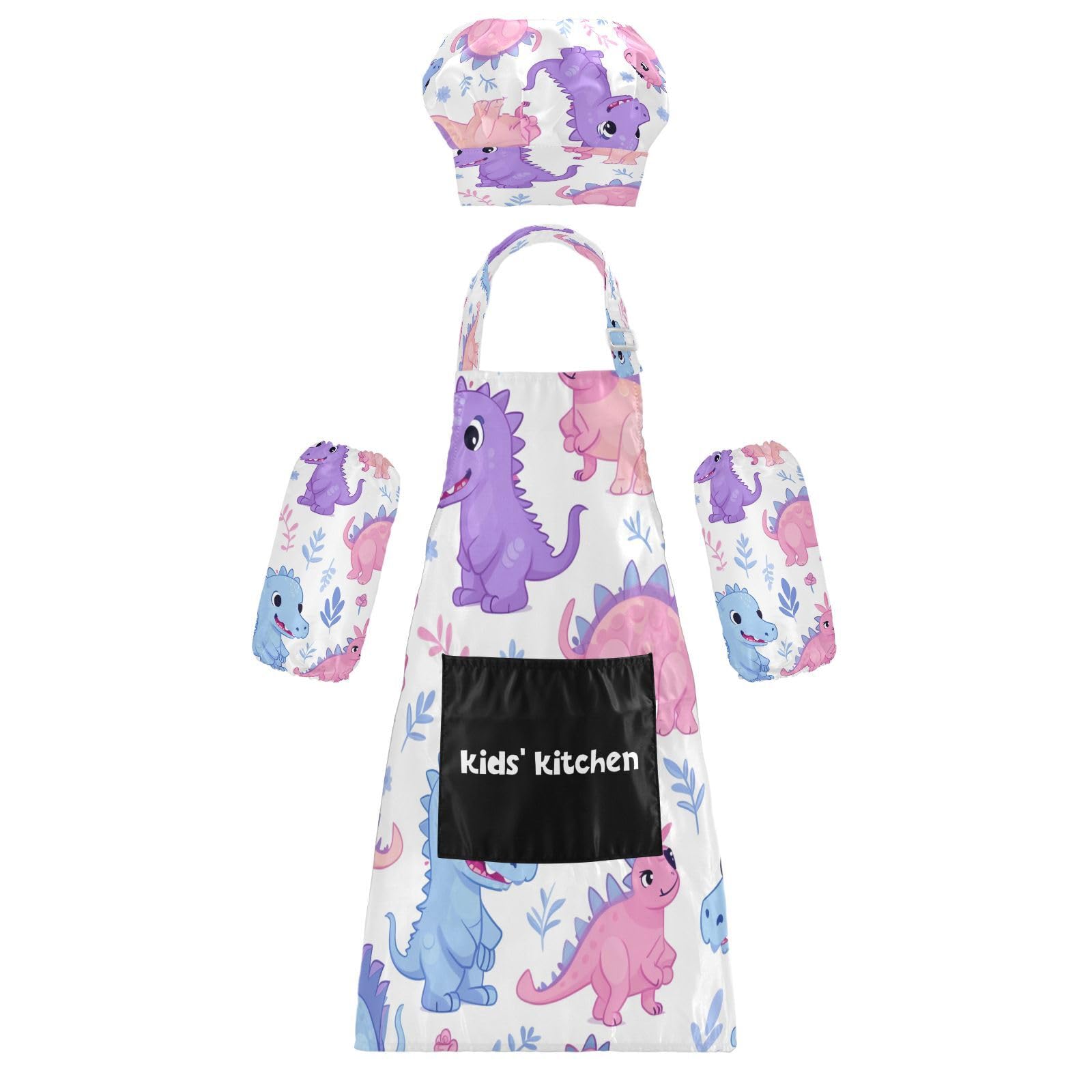 Bulletgxll Cartoons Dinosaur Kids Apron and Chef Hat Set Adjustable Bib Aprons with Pockets for Cooking Baking Painting