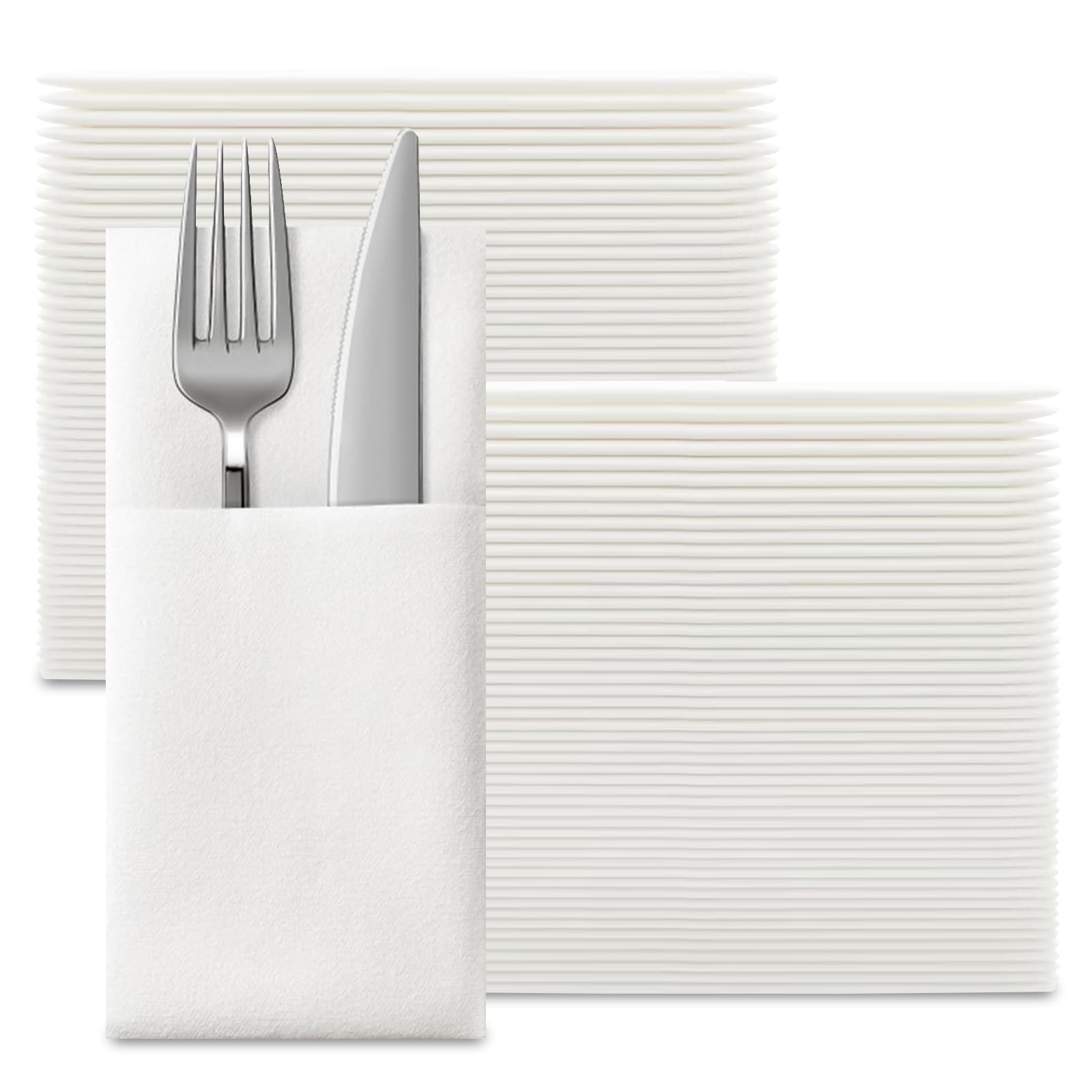 Cecombine White Us 100Pcs Pocket Napkins, Disposble Cloth Like Napkins Built-In Flatware Pocket, 40 * 40Cm Wedding Party Linen Feel White Napkin, Prefolded For Silverware