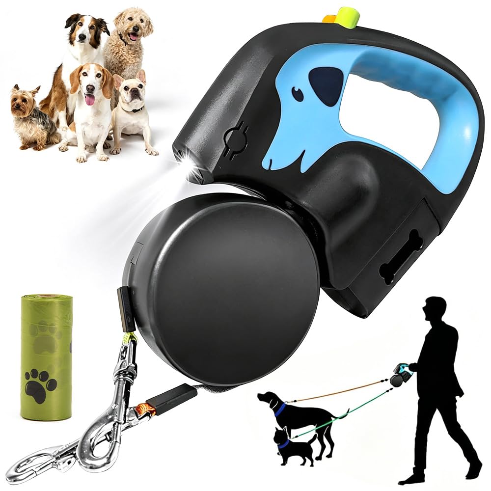 Double Retractable Dog Lead for 2 Dogs, 3M Double Dog Lead for Walking 2 Dogs No Tangle, with 360° Tangle-Free Nylon Tape, Rechargeable Flashlight and Waste Bag Dispenser for Pets up to 10kg