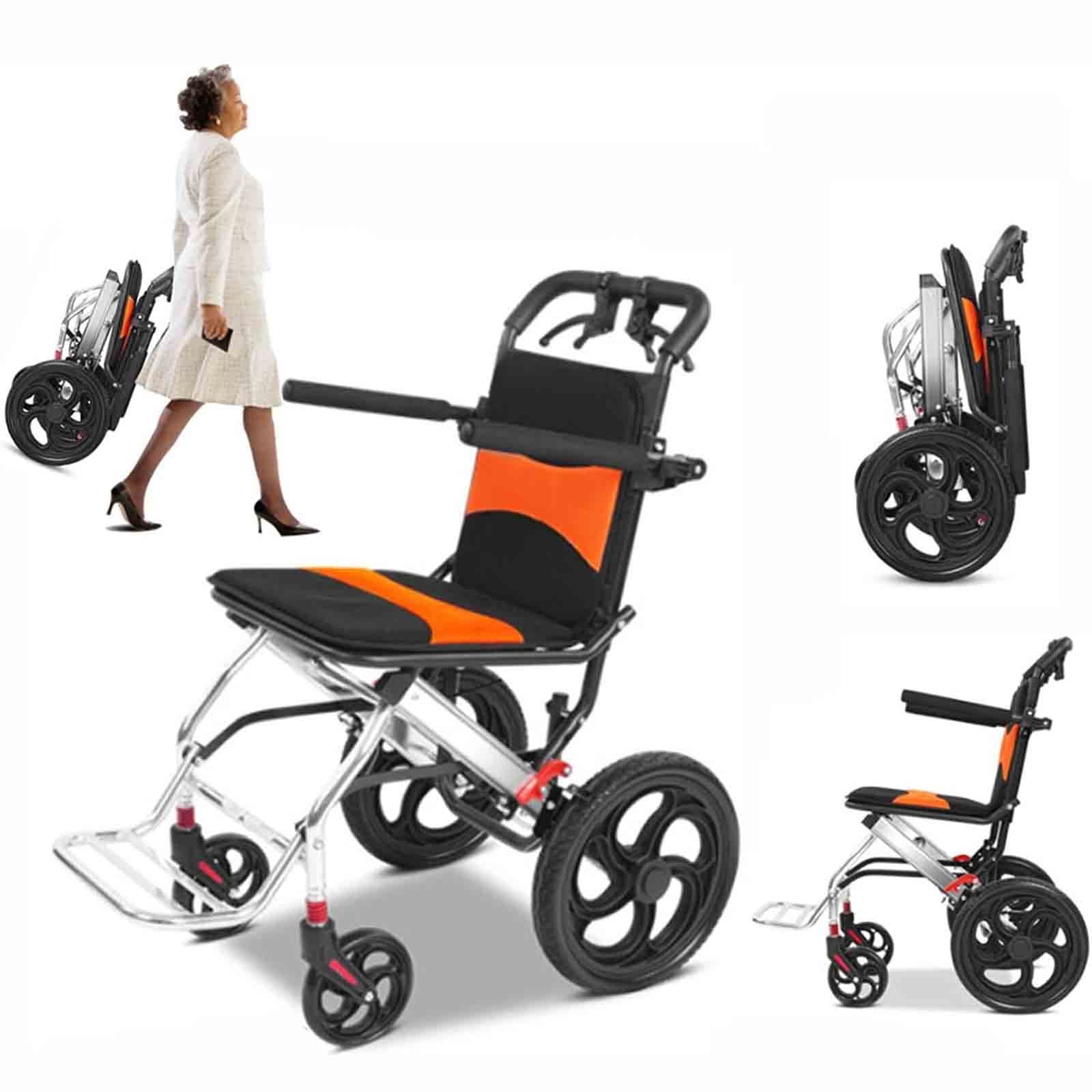 BITWIT Folding Transport Wheelchairs, Ultra-Light Portable Travel Wheelchairs with Handbrake, Aluminum Alloy Lightweight Transportation Wheelchair Trolleys for Elderly and Children