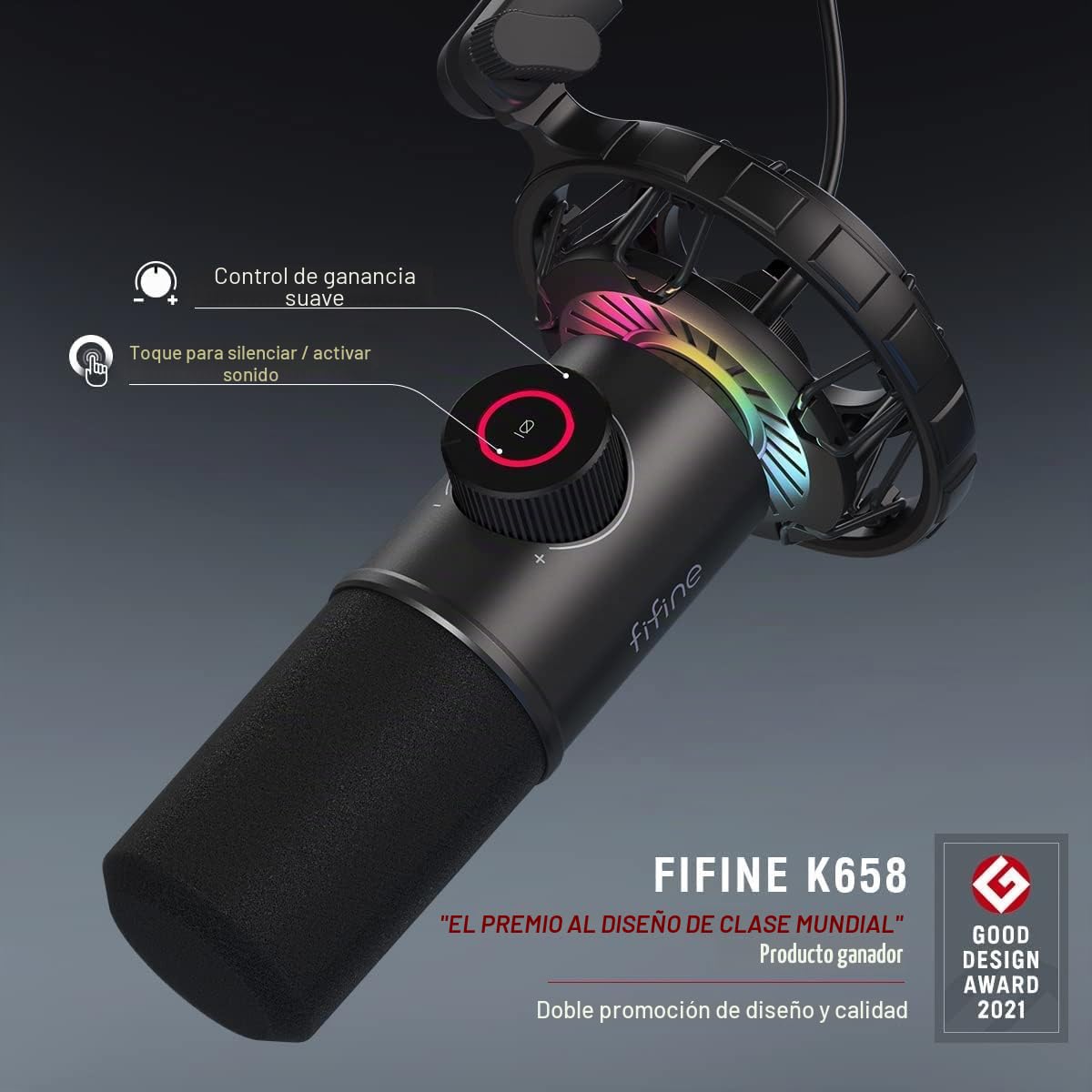 FIFINE Gaming Microfono para PC USB, RGB Micrófono de Dinámicos per Ordenador PS4 PS5, con Botón de Silencio & Conector para Auriculares de 3,5mm, para Podcasting Youtube