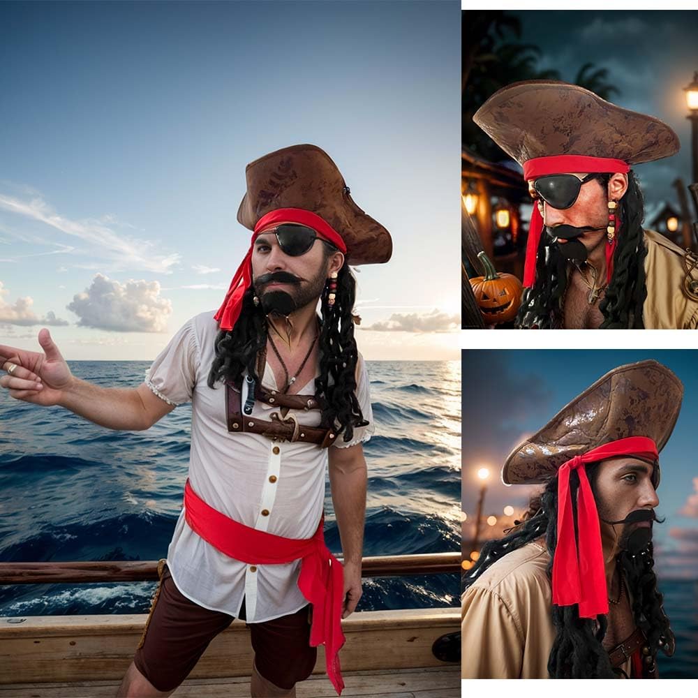 Pirate Wig Hat Men Halloween Pirate Costume Accessories with Eye Patch Belt Beard for Cosplay Party - Image 5