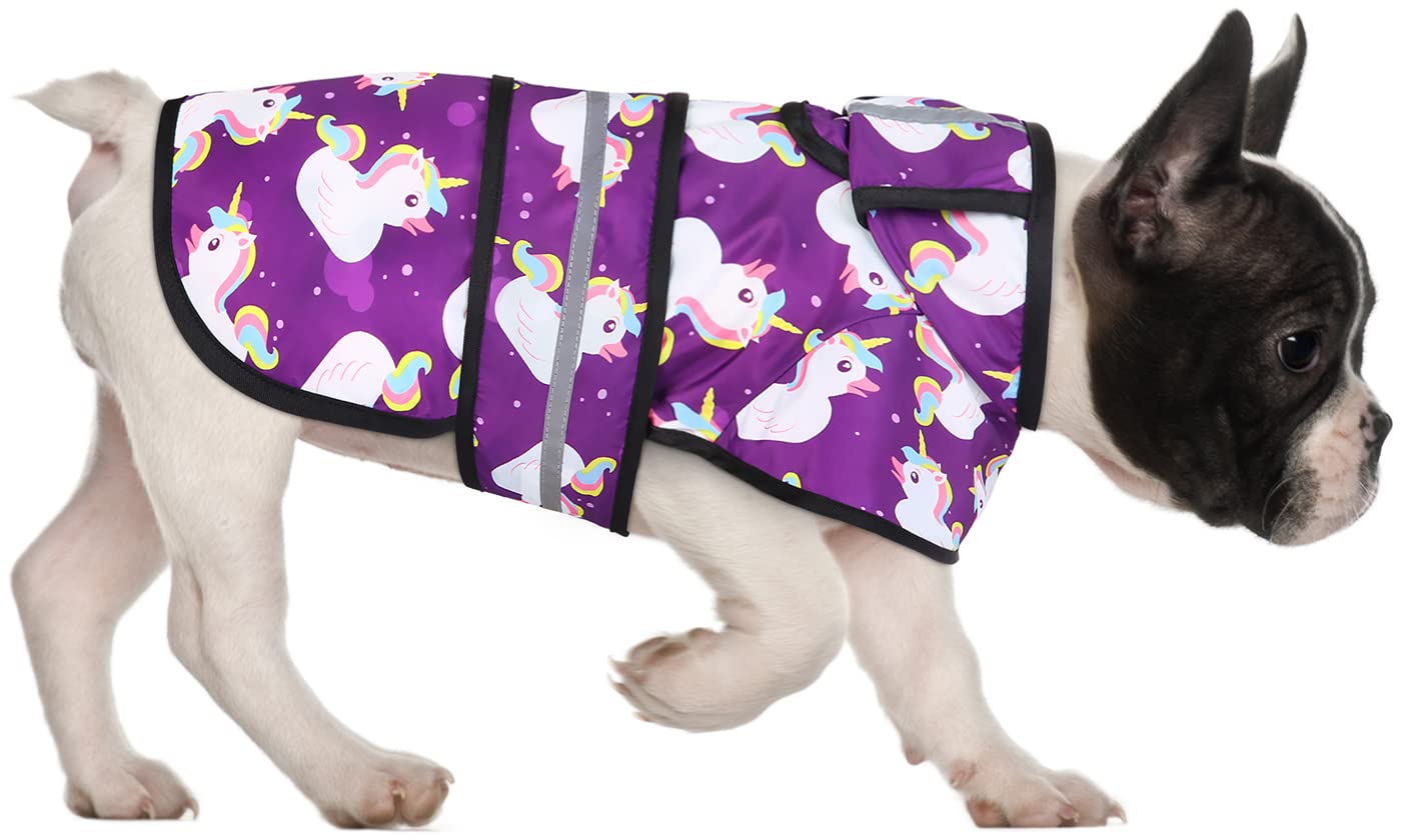 HDE reflective dog raincoat, purple unicorn print, with hood
