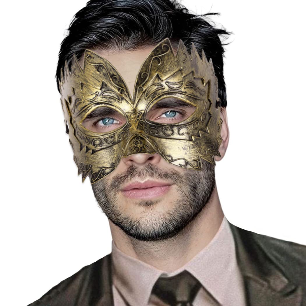 BODIY Vintage Masquerade Mask for Men Gold Roman Soldier Mask Venetian Mardi Gras Phantom Opera Eyemask Rave Accessory