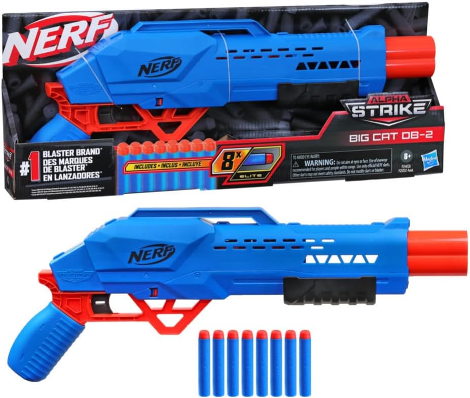 Alpha Strike Big Cat Db-2 Blaster,Double-Barrel Blasting, Fires 2 Darts in A Row,Includes 8 Official Nerf Elite Darts,Multicolor, Birthday Gift for Kids