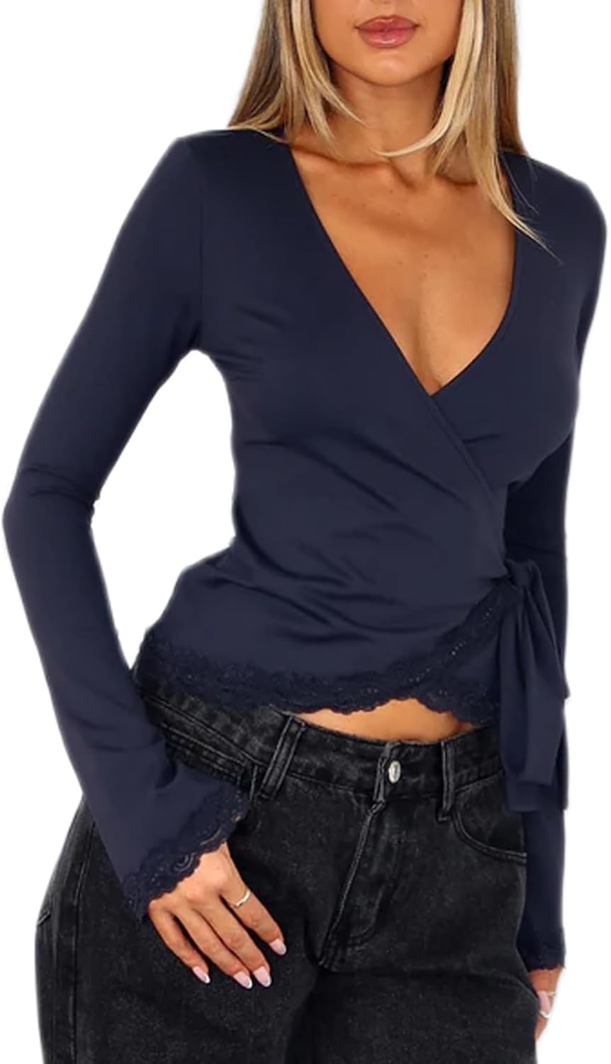 Women Lace Trim Ballet Wrap Tops Going Out Slim Fitted V Neck Workout Yoga Pilates Top Tie Up Long Sleeve Shirts