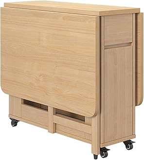 oiakus Folding Dining Table, Extendable Dining Table, Solid Wood Kitchen Table, Space Saving Compact Folding Dining Room Table, Drop Leaf Table-Oak Wood-1.4m