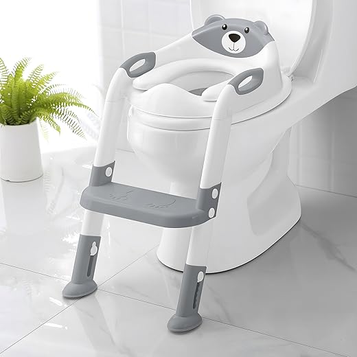 Potty Training Seat ，SKYROKU Potty Training Toilet with Step Stool Ladder, for Kids Boys Girls Toddlers - Comfortable Safe Potty Seat with Anti-Slip Pads Ladder （8838-Grey）