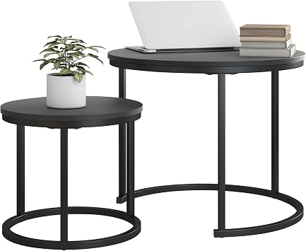 Set of 2 Small Coffee Tables, Round Coffee Table End Table for Living Room, Modern Black Coffee Table Nesting Table, Farmhouse Wood Coffee Table with Metal Frame / Easy Assembly, Stacking Side Table