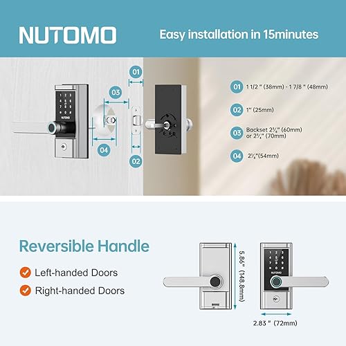 Miniatura 8 de Juego de manija de cerradura de puerta de entrada sin llave WiFi: NUTOMO cerradura inteligente plateada para puerta delantera, manija de puerta