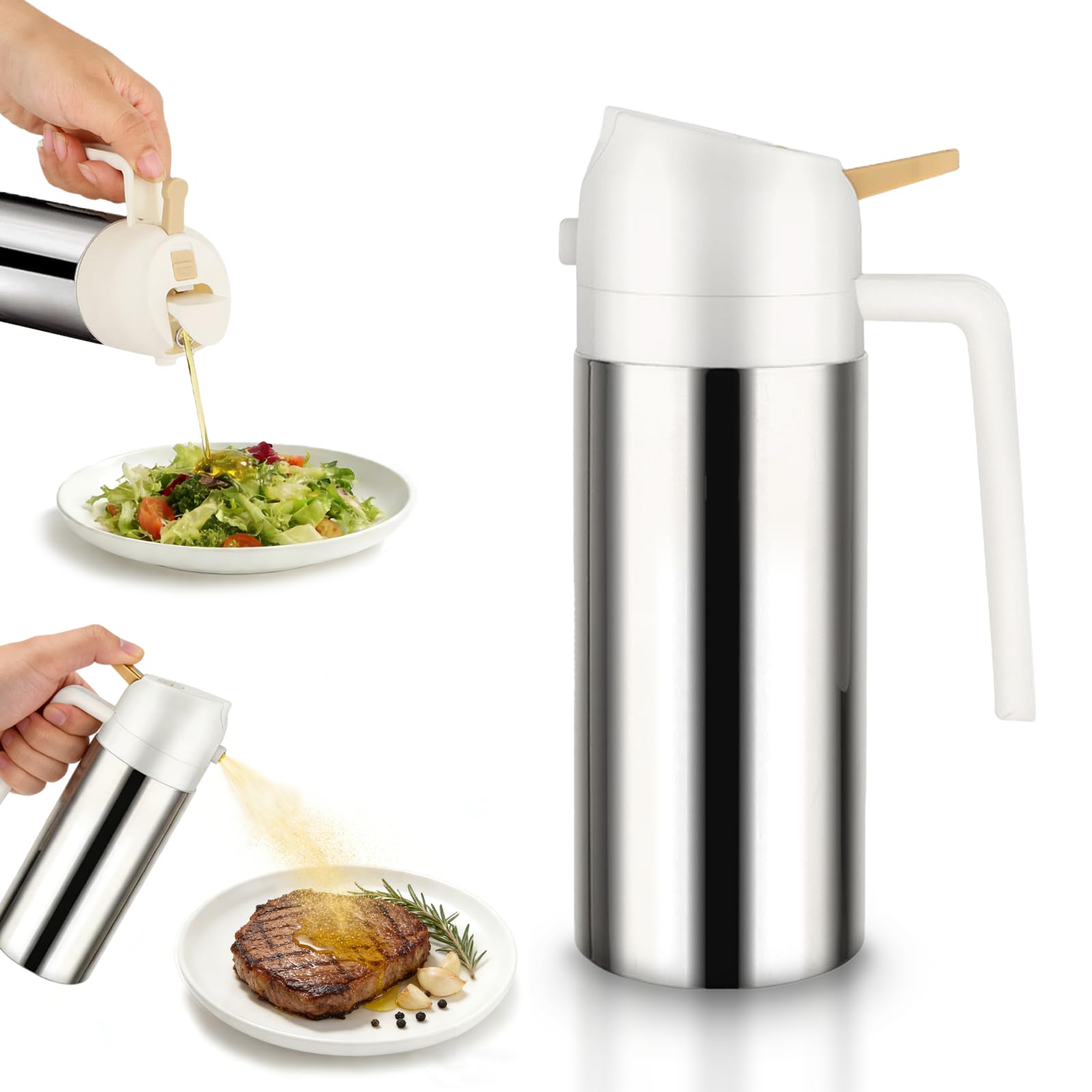 CHSEEO Olive Oil Sprayer Bottle for Cooking 500ml – 2-in-1 Spray & Pour with Locking Buckle, 0.15-0.2g per Spray for Portion Control, 304 Stainless Steel, for Air Fryer Salad BBQ