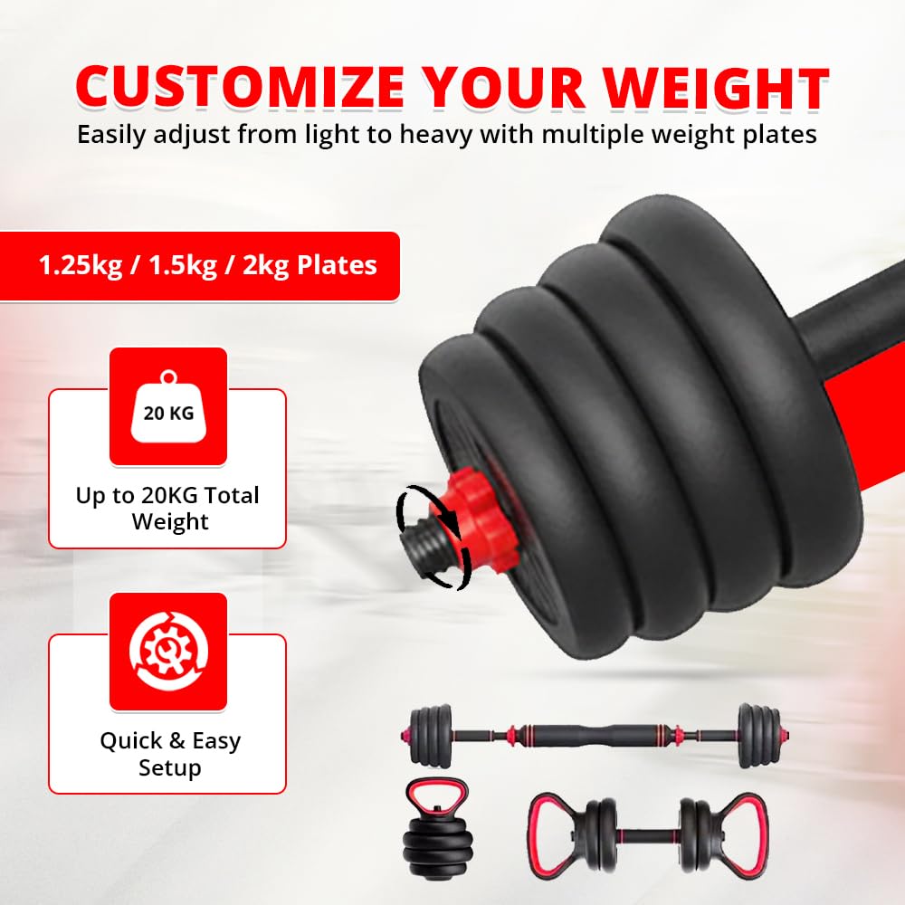 Regulowany zestaw hantli kettlebell 20 kg – wielofunkcyjny zestaw ciężarków ze stalowym drążkiem do hantli i treningu sztangi | domowa siłownia fitness sprzęt do treningu siłowego