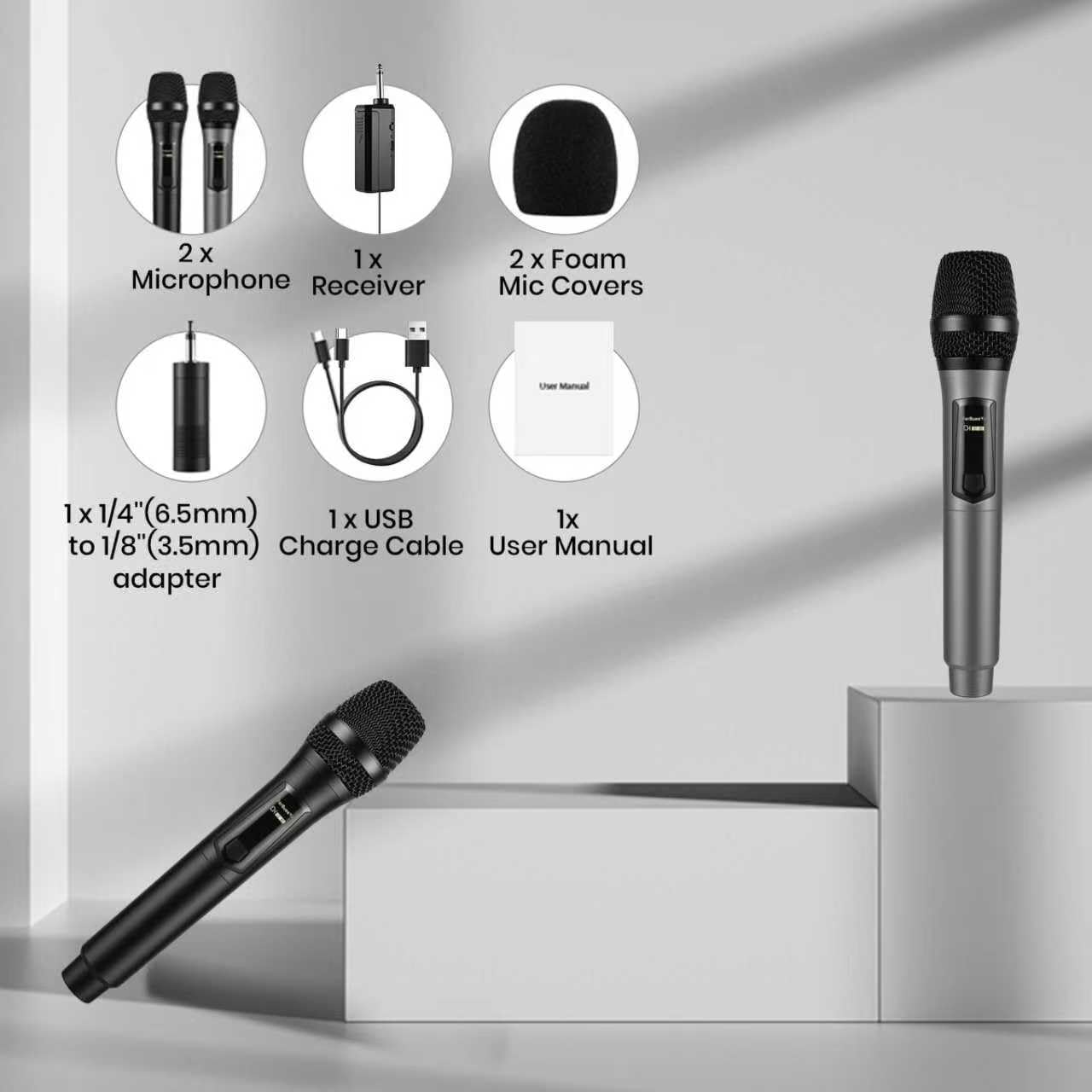 Microphone sans Fil Micro à Main Double avec Récepteur Rechargeable, Sortie 1/4”, 1/8" pour Amplificateur, Système de Sonorisation, Karaoké, Église, Réunion (Noir & Gris)