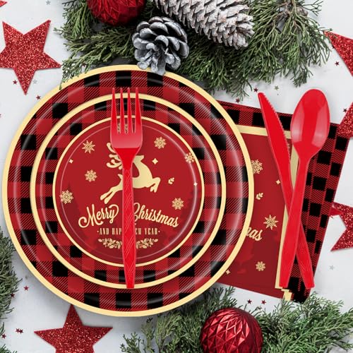175 Pcs Merry Christmas Party Supplies Set - Serves 25, Festive Red and Black Plaid Disposable Tableware, Includes Paper Plates, Cups, Napkins, Forks, Spoons, Knives for Xmas Holiday Celebrations – Image 5