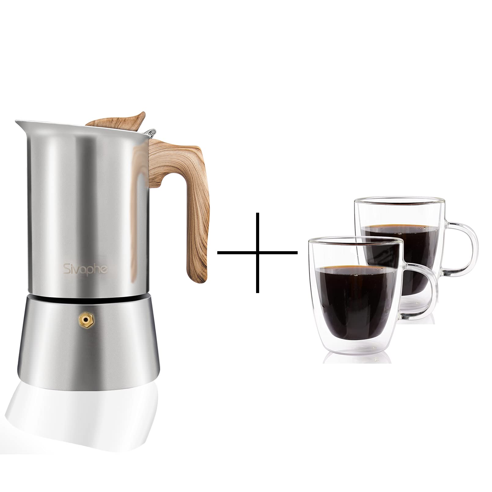 Sivaphe Stainless Steel Stovetop Espresso Coffee Maker 9cups and Double Wall Espresso Cups 12OZ Set 