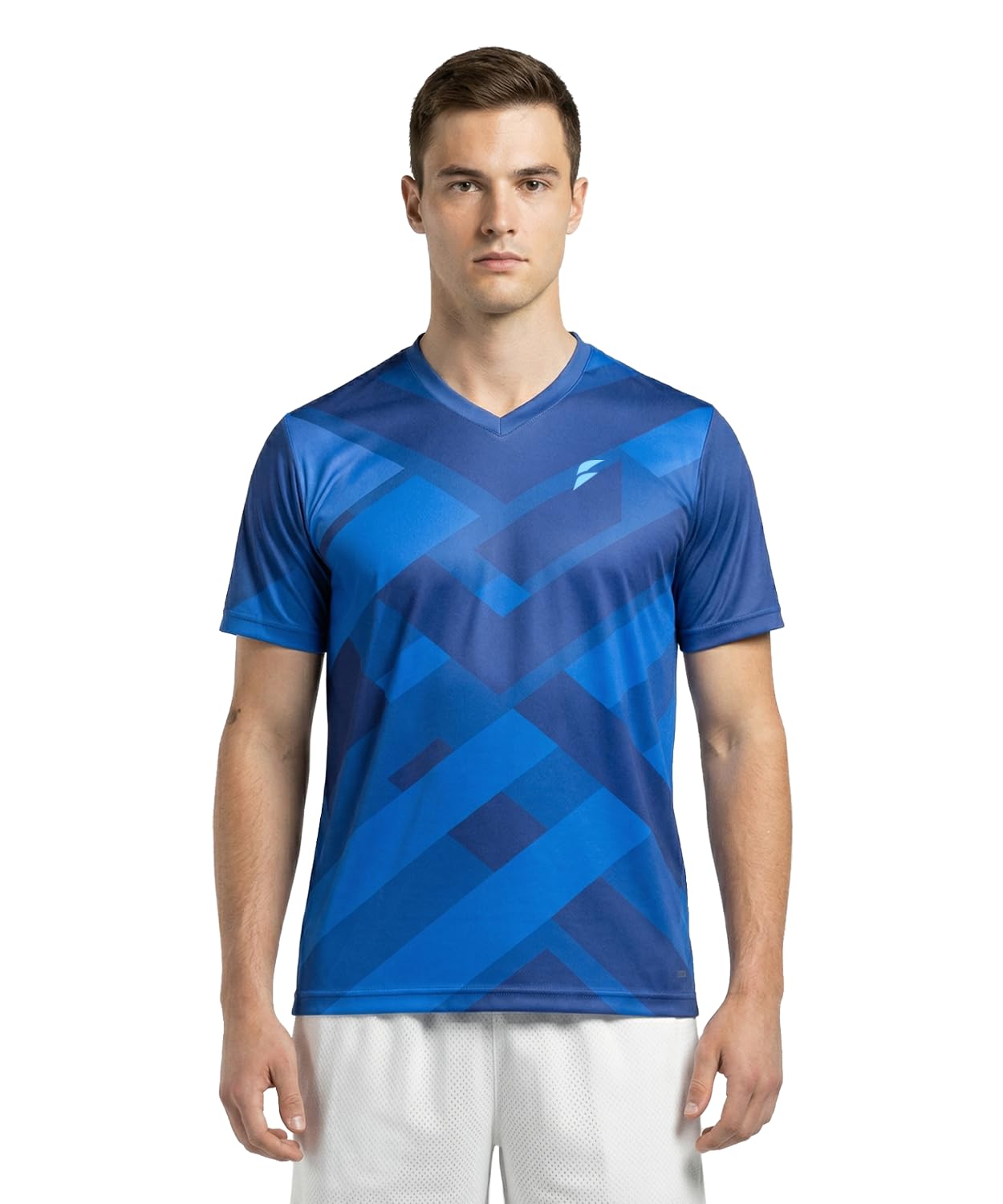 FitKit Branded Sports T-Shirt – Premium Blue Geometric Pattern Printed V Neck Half Sleeve Gym & Workout Wear-image-14