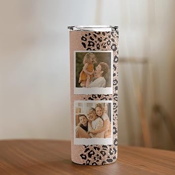 Custom Photo Tumbler, Grandma with Grandkids Picture Cheetah Leopard Glitter Skinny Tumbler Gift for Grandmother Nana, Mothers Day Curve 20oz Insulated Stainless Steel Travel Tumbler with Lid