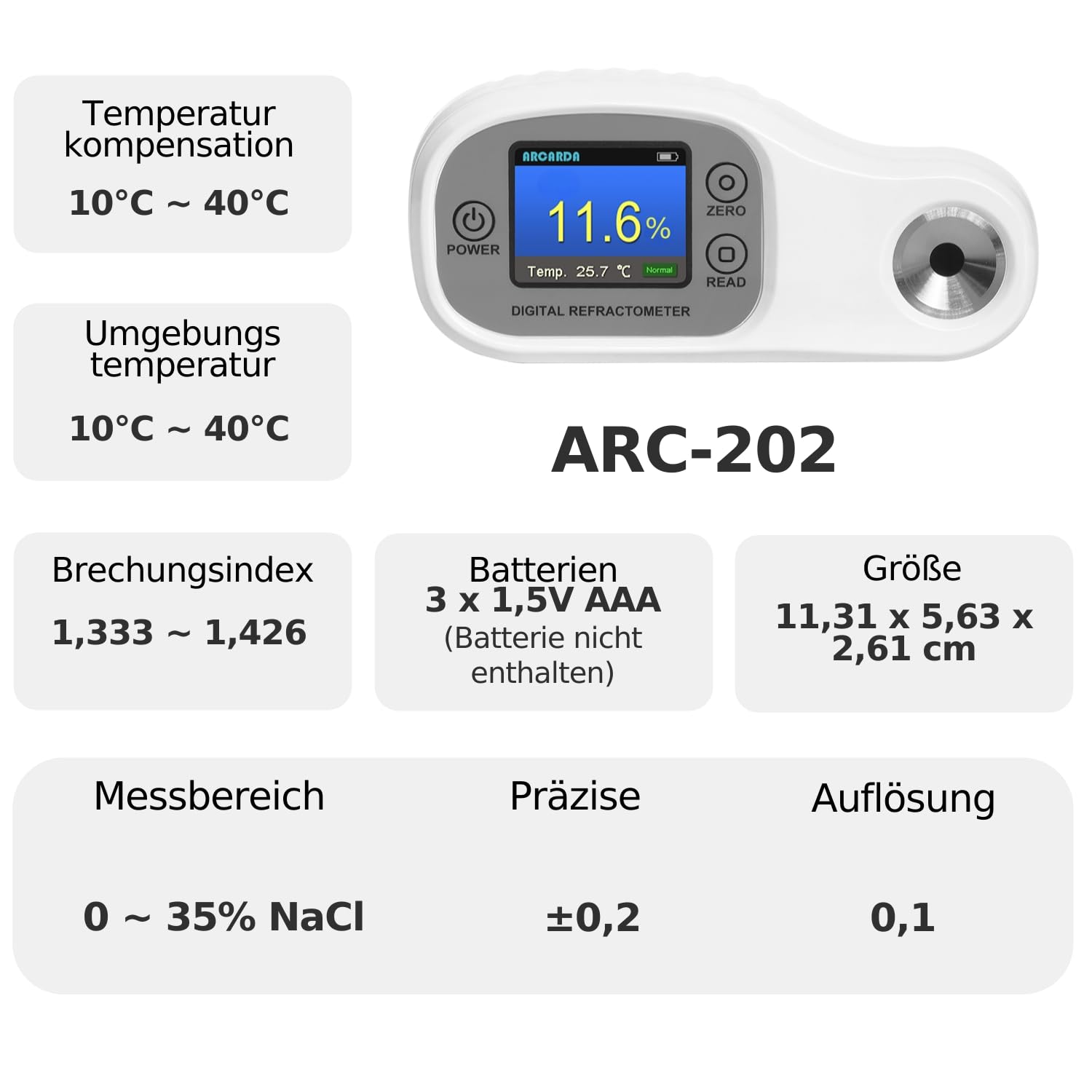 Digitales Refraktometer Salinitäts-Refraktometer Salz Salzwasser Messgerät Salzgehalt Messgerät Salzmessgerät Salinometer ATC NaCl (Löslichkeit) 0–35% Salinität Natriumchlorid Tester