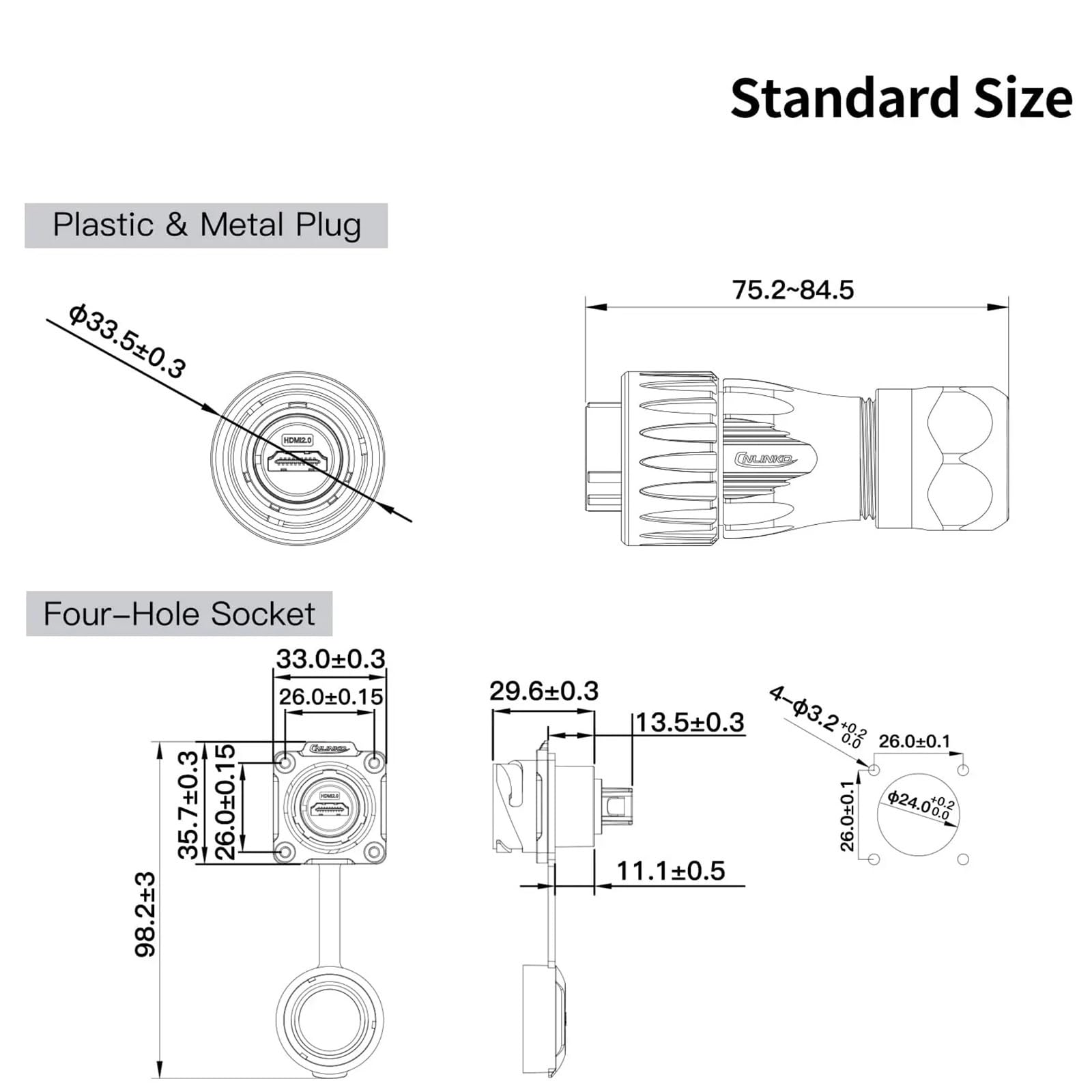 1 x wodoodporne złącze kabla przedłużającego M24, kompatybilne z HDMI, 1/2/3/5 m, UHDTV 4K, HDMI 2.0, złącze do komputera HDTV, laptopa (zestaw z kablem 3 m)