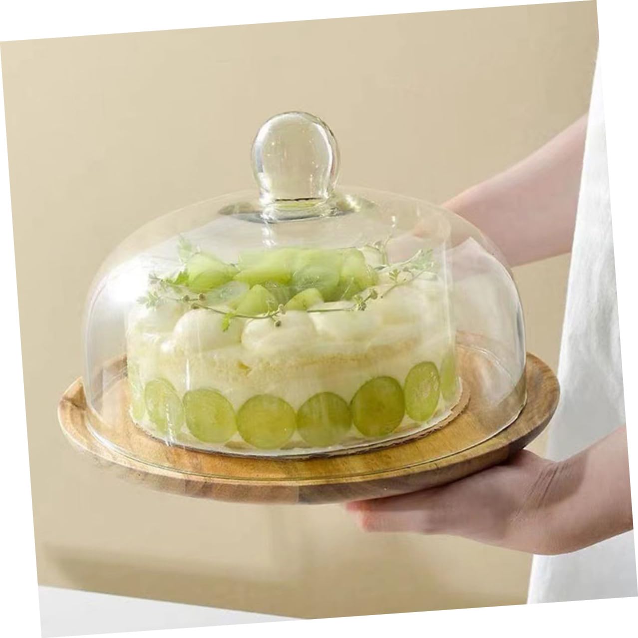 CLISPEED Bandeja de Madera Acacia 25 Cm Cúpula de Vidrio Transparente, Soporte para Pasteles y Postres, Bandeja de Exhibición para Repostería, Adecuado para Cocina y Eventos