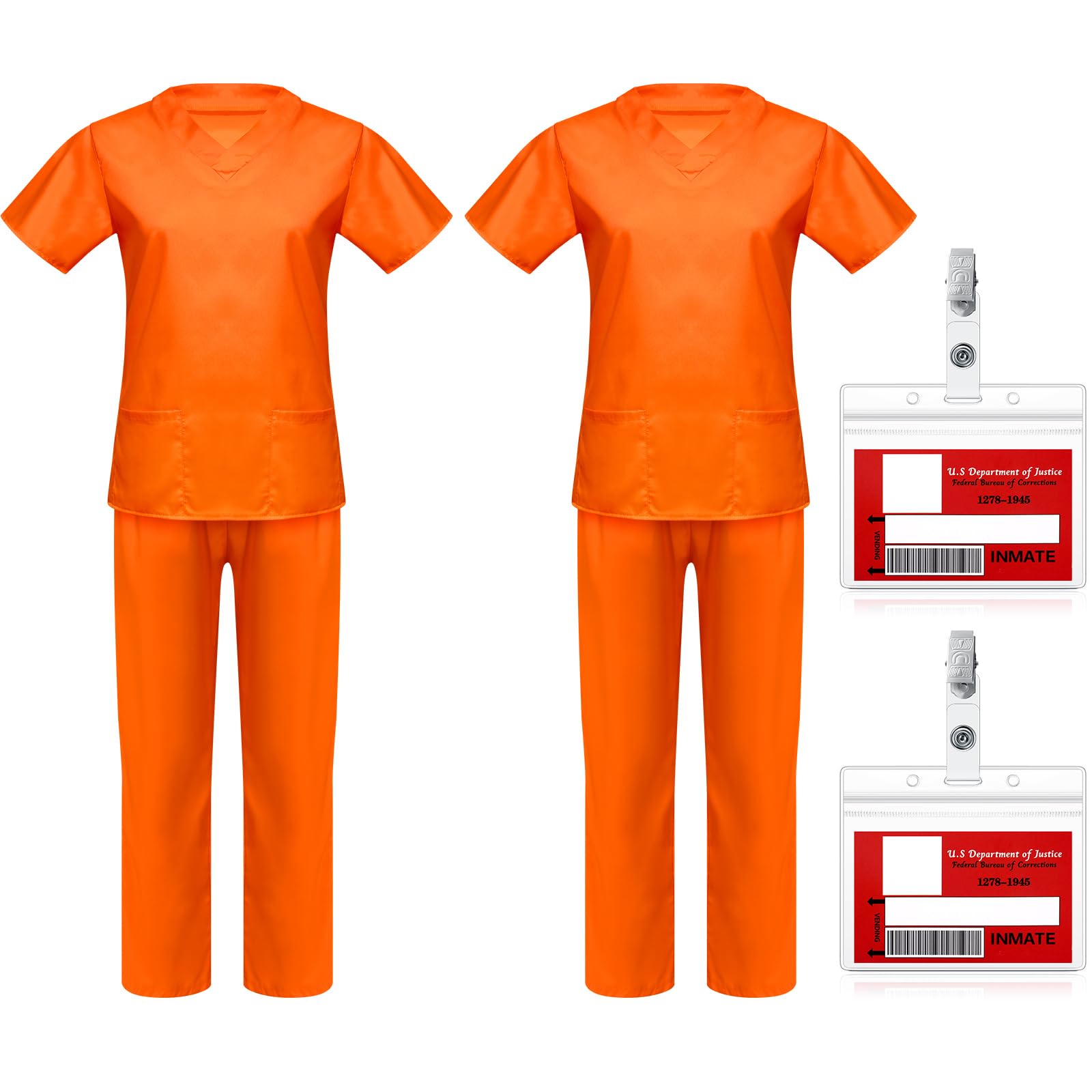 Maiteenly Set di 2 costumi da prigioniero arancione da donna per Halloween, costume da detenuto con nome e distintivo, per Halloween