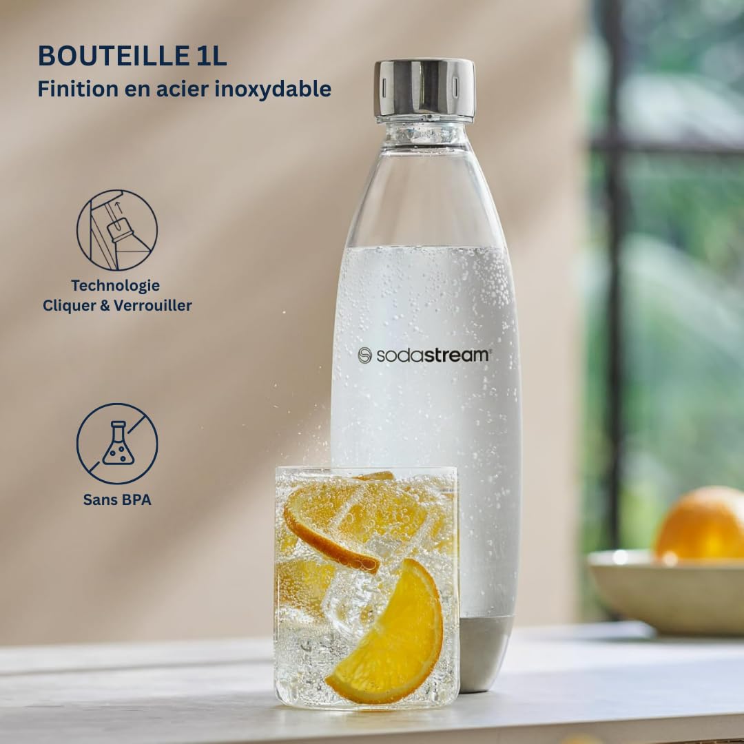 Sodastream Terra Machine à Eau Pétillante et Soda | Pack 1 Bouteille 1L Finition Acier Inoxydable Compatible Lave-Vaisselle + 1 Recharge de Gaz 60L à Clipser | Noire