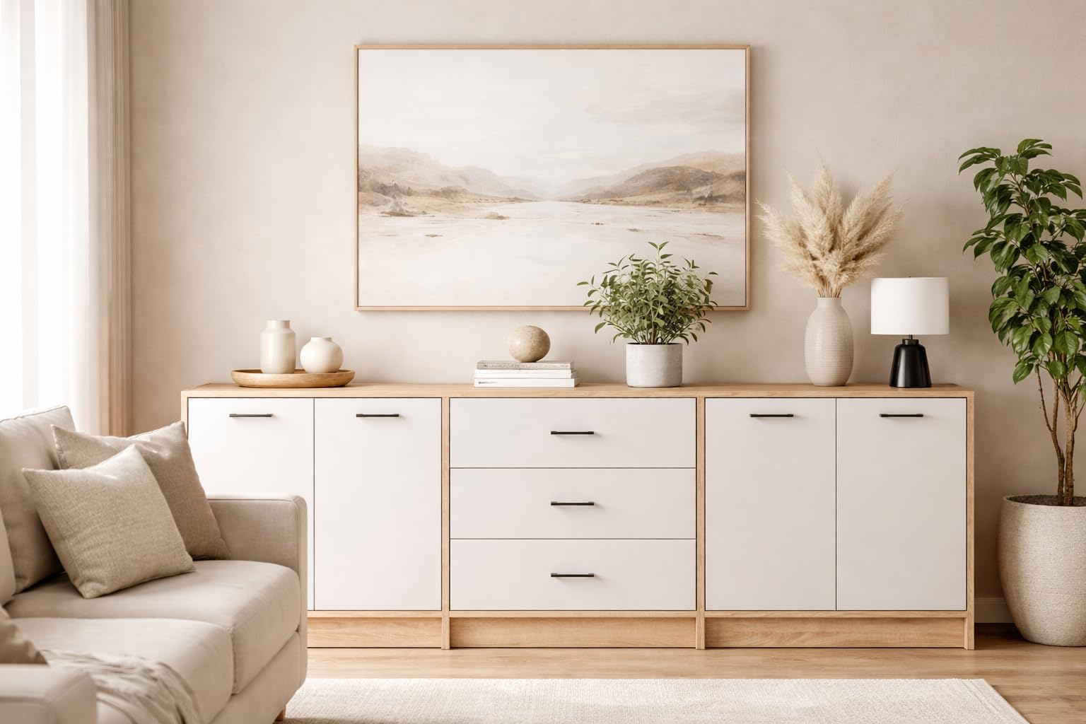 MeblePitus Credenza Bianca 210 cm Rovere Sonoma MP2 - Credenza per Soggiorno, Camera da Letto e Corridoio - 2 Cassettiere con Ante, Collegate ad una Cassettiera con 3 Cassetti - Madia, Credenze…