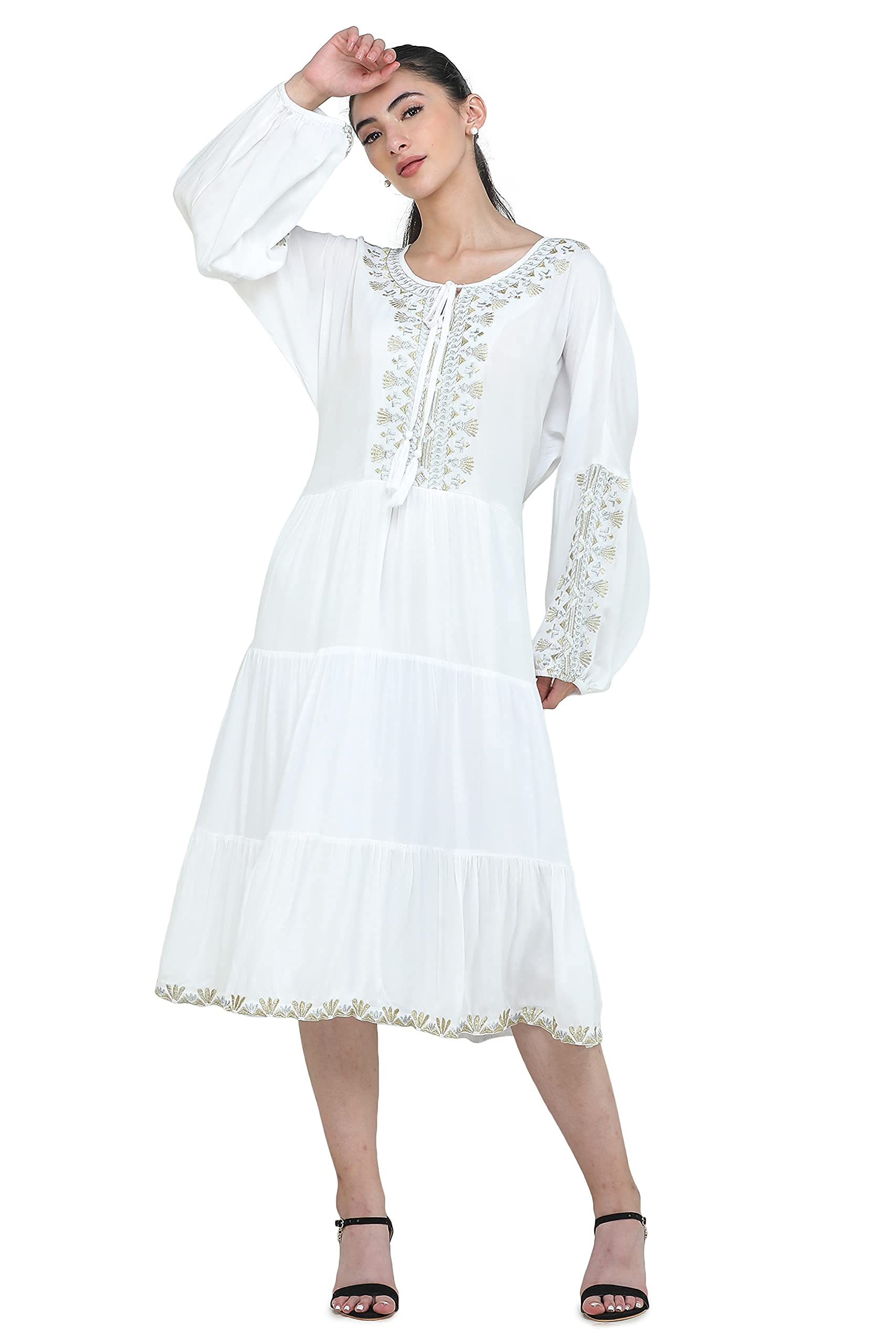 ADIRAVWomen's Full Sleeves Rayon Embroidery Rayon Latest in White Color Rayon Designed Dress for Casual Function wear Comfy and Smooth in Any Occasions