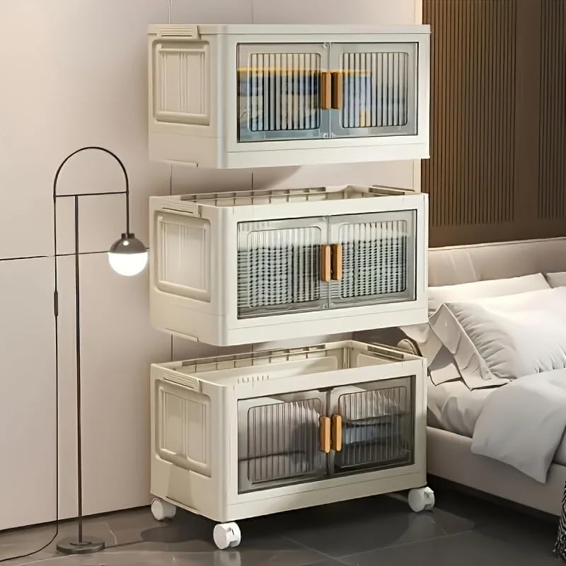 Stackable Storage Cabinet with Doors and Wheels, Adjustable Plastic Organizer with 3/4/5 Tiers for Home Office Garage Organization (3 Floors)