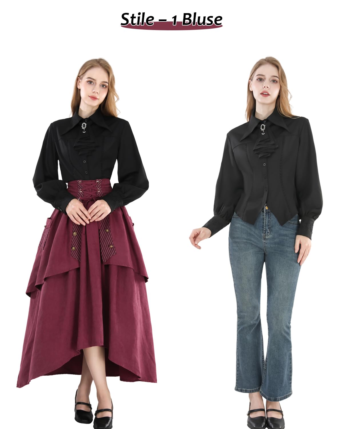 Fiamll Damen Viktorianisch Bluse Vintage Schleifenhemd Stehkragen mit Ruff Langarmshirt Mittelalter Bluse