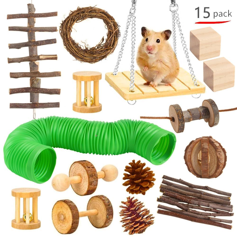ELMAIN Hamsterspielzeug Hamsterspielzeug Set Hamster Kaninchen Spielzeug Haustier Meerschweinchen Papagei Spielen Molar Holzbedarf 1 Set 16