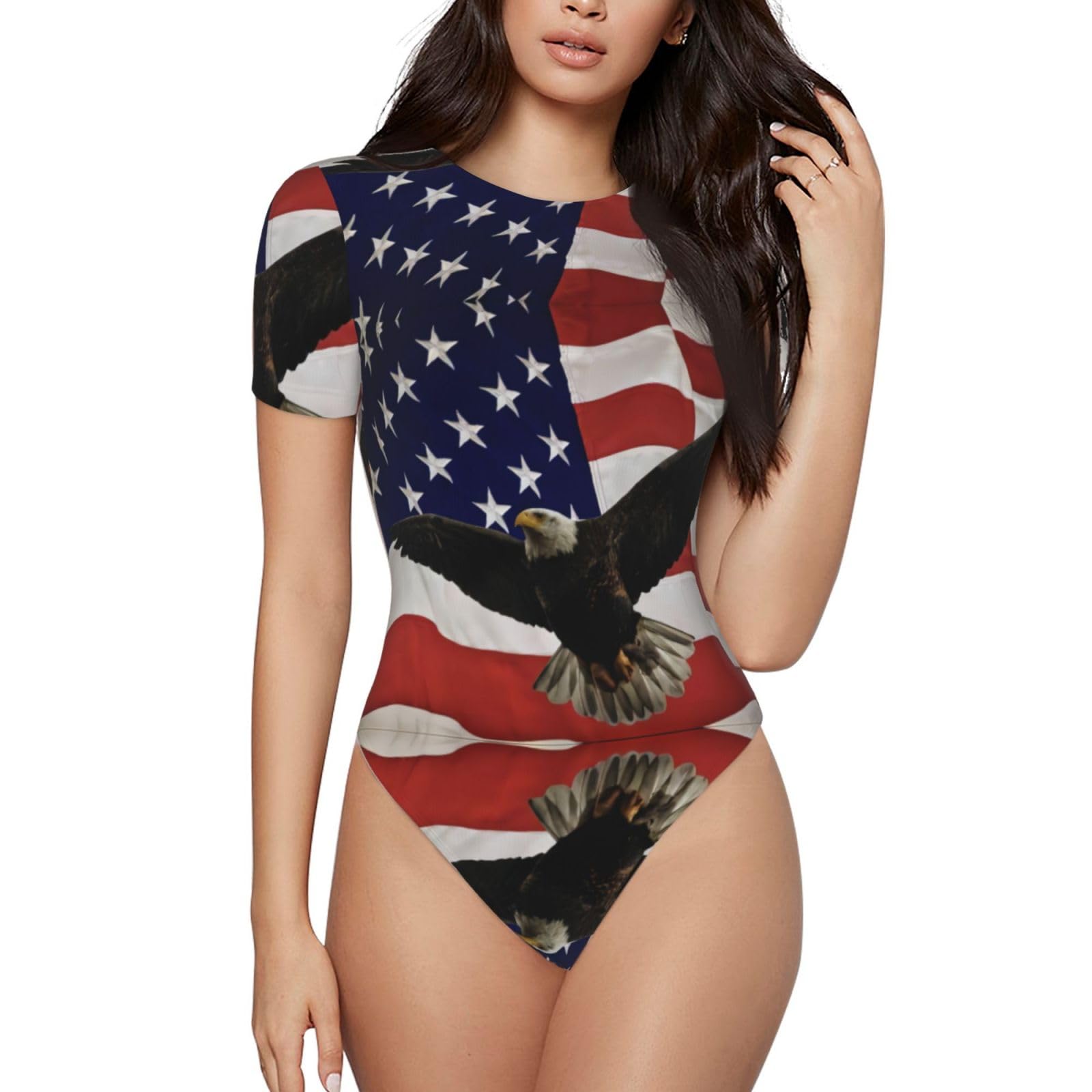 Women's American Flag Fly Eagle Printed Short-Sleeved Round Neck Bodysuit Yoga Bodysuit Suitable For Fitness